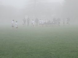 rugby team on field in fog