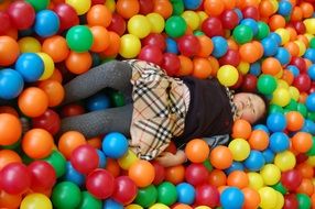 child girl play in pool with colorful balls