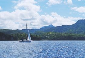 yacht on the lake and mountain landscape