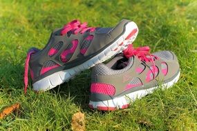 gray athletic shoes with pink laces