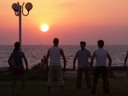 Humans on a beach at the sunset