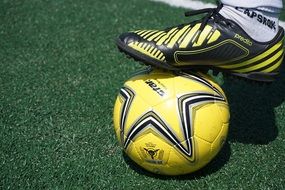 yellow soccer ball and boots on foot