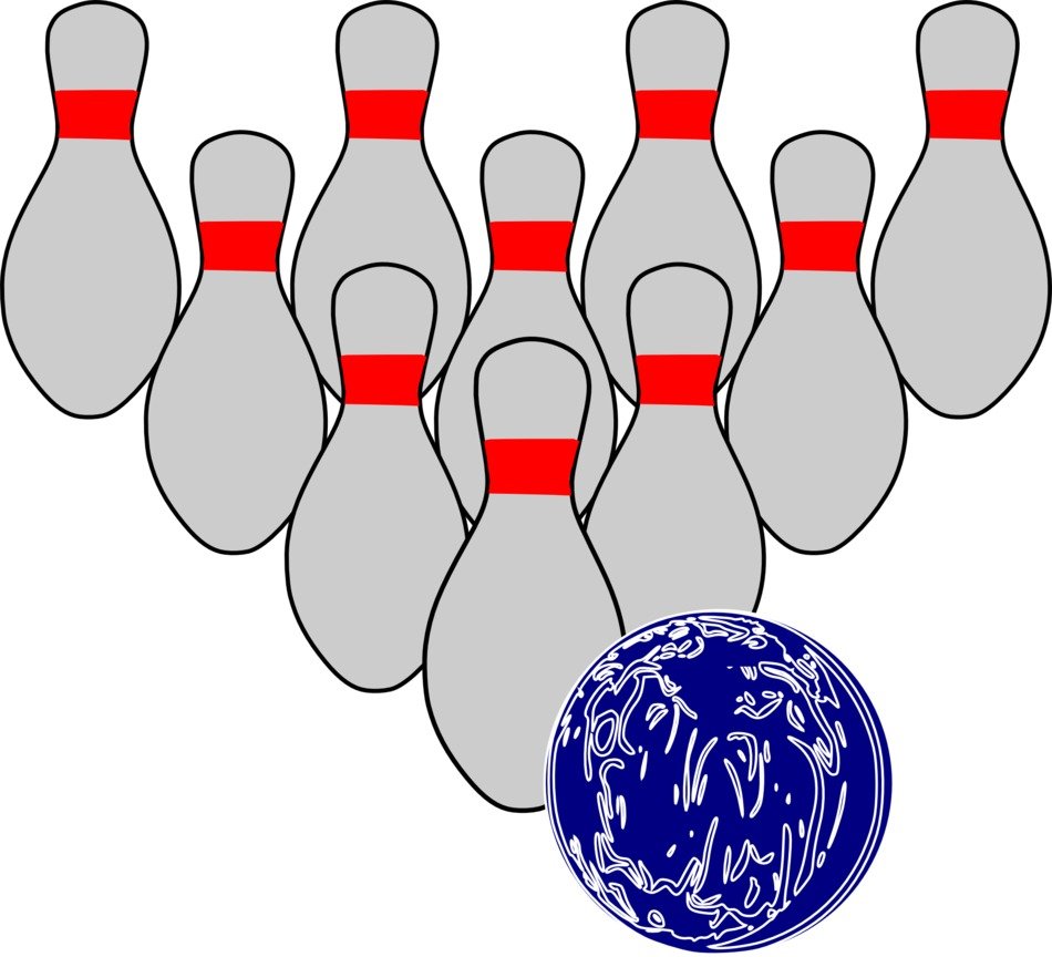 ten bowling pins and ball