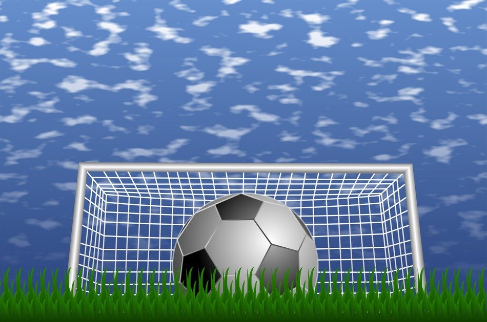 soccer ball at the gate and blue sky as a drawing