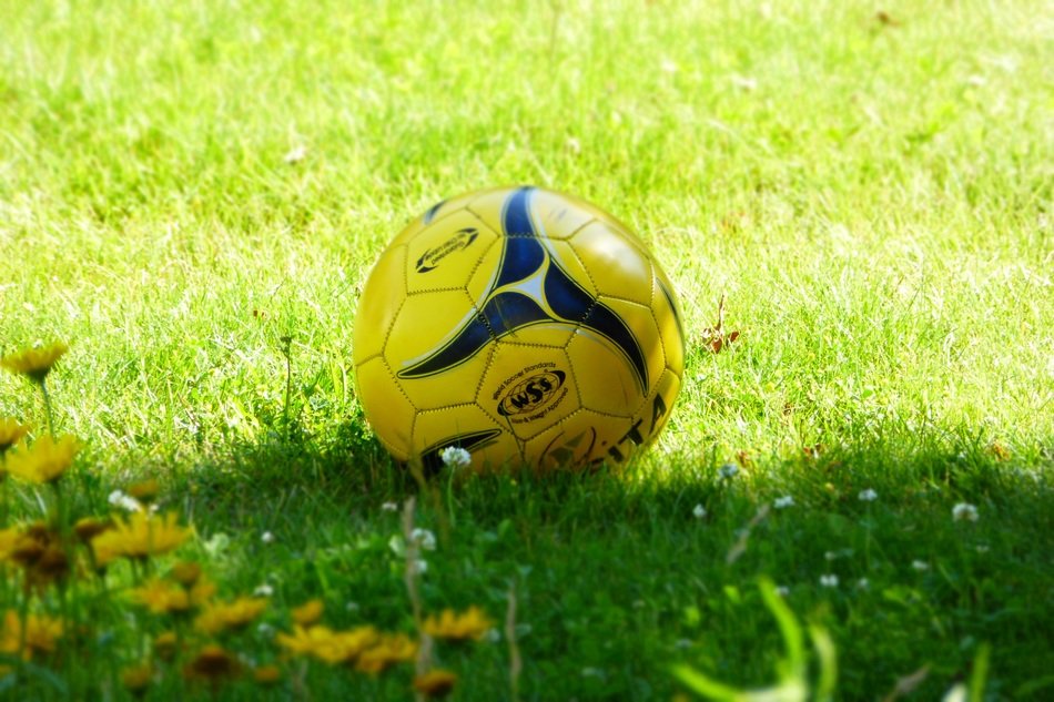 yellow leather ball for football on green grass