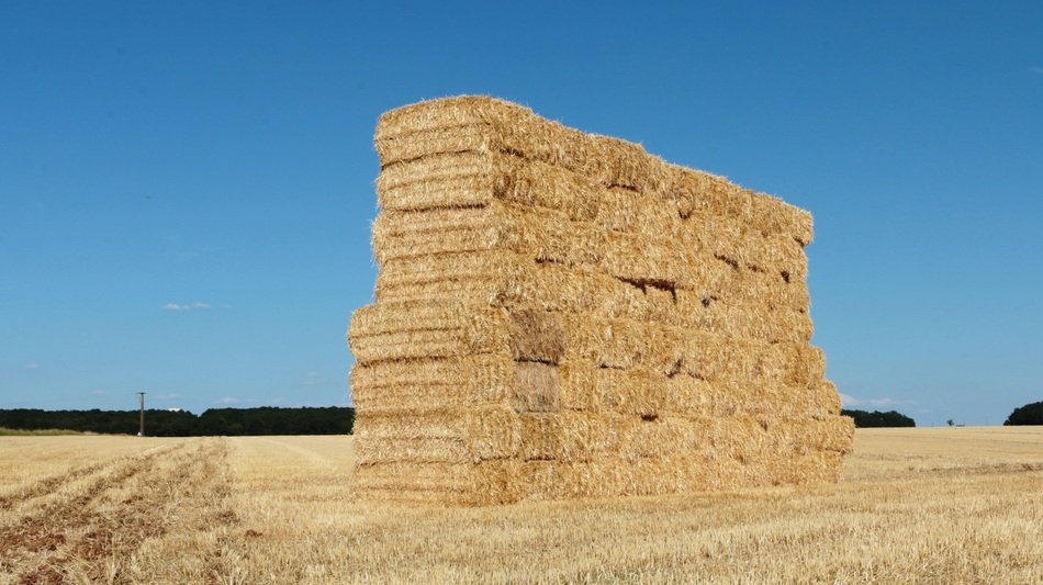 stacked bales of hay on the field