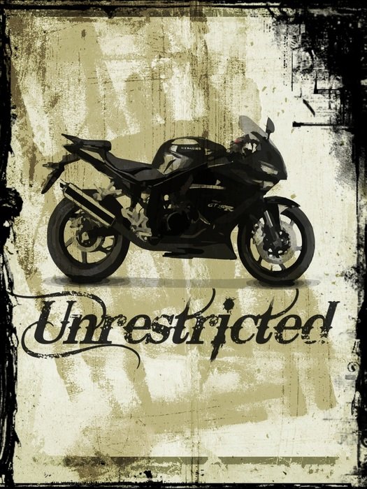 A vintage poster with the image of a motorcycle and the inscription 'unrestricted'