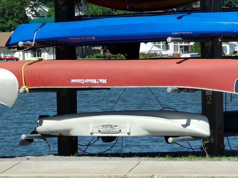 colorful canoes on the pier