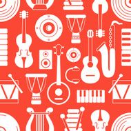 Seamless musical pattern on red background Vector illustration