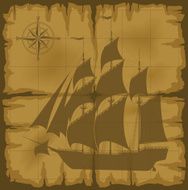 Old map with image of large ship and compass rose