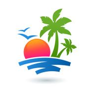 Summer beach illustration sun palm tree on seaside Vector logo