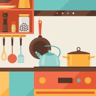 Card with kitchen interior and cooking utensils in retro style