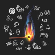 Burning match on a black background Fire Set sketch symbol