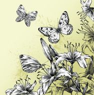 Background with blooming lilies and beautiful butterflies hand-drawing Vector illustration
