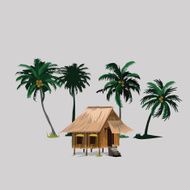 hut with coconut trees in asian countryside - vector illustration