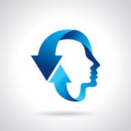 thinking head with blue arrow