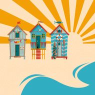 Beach huts with sand sea and sun in the background N2