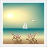 seascape evening deserted beach lounge chairs sailboat and seagulls Vector N2
