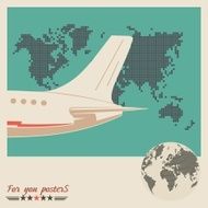 Airliner on world map background retro poster