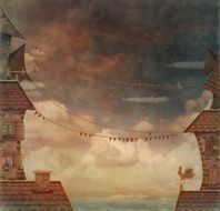 Fragment of a city Tile Roofs with red sky N2
