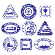 Set of scratched stamps on travel and tourism