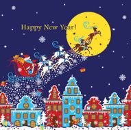 New Year greeting card Santa Claus coming to City