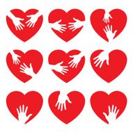 Set of 9 heart icon with caring hands