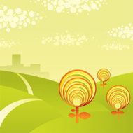 cartoon landscape with trees and city on horizont