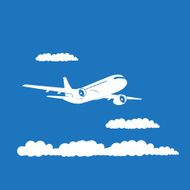 Airplane's silhouette with clouds on blue background