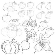 Vegetables and fruits outline set