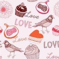 Romantic seamless pattern with bird and sweets
