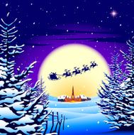 Christmas scene of snow &amp; Santa flying past moon