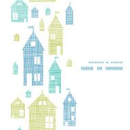 Houses blue green textile texture vertical seamless pattern background N2