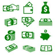 Green paper money and coins icons N2