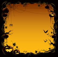 halloween border made of pumpkin vine with bats and spider