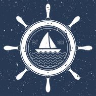 Nautical logo with a sail boat inside steering wheel