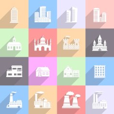 Buildings and factories flat icons set