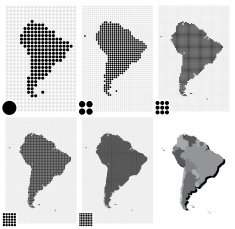 Dotted maps of South America in different resolutions N3