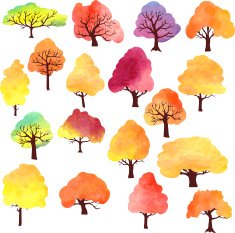 set of different autumn trees by watercolor N2