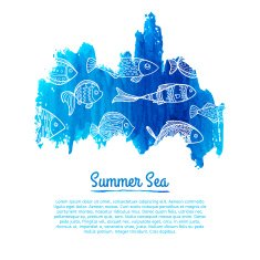 Watercolor spot with a pattern of fish Silhouettes doodle style