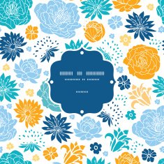 Blue and yellow flowersilhouettes frame seamless pattern background
