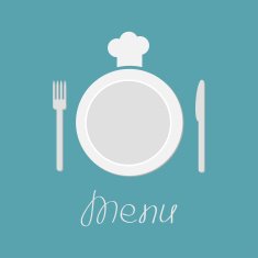 Plate fork knife and chefs hat Menu card Flat design