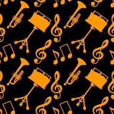Seamless pattern with musical notes treble clef trumpet music stand N4