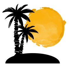 Coconut palm trees black silhouettes and watercolor