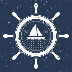 Nautical logo with a sail boat inside steering wheel