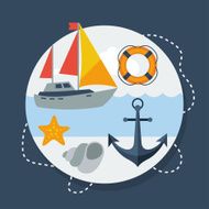 Card with marine symbols in flat design style