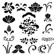 Set black silhouettes flowers leaves geometric shapes