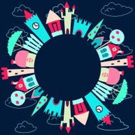Cartoon style houses round frame N2