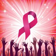 Breast cancer ribbon star background with group of raised hand