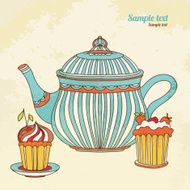 Vintage background with teapot and cakes